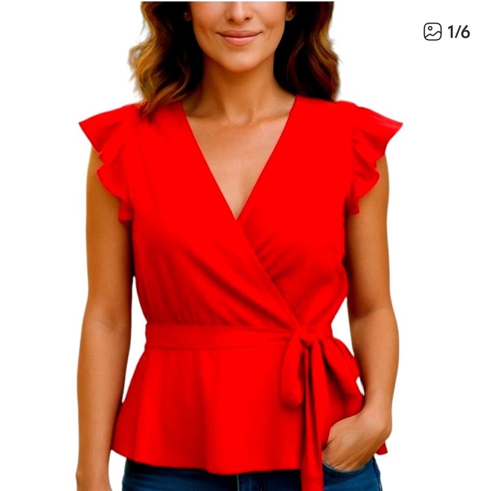 NWOT Monteau Los Angeles red flutter‎ cross front blouse size Medium